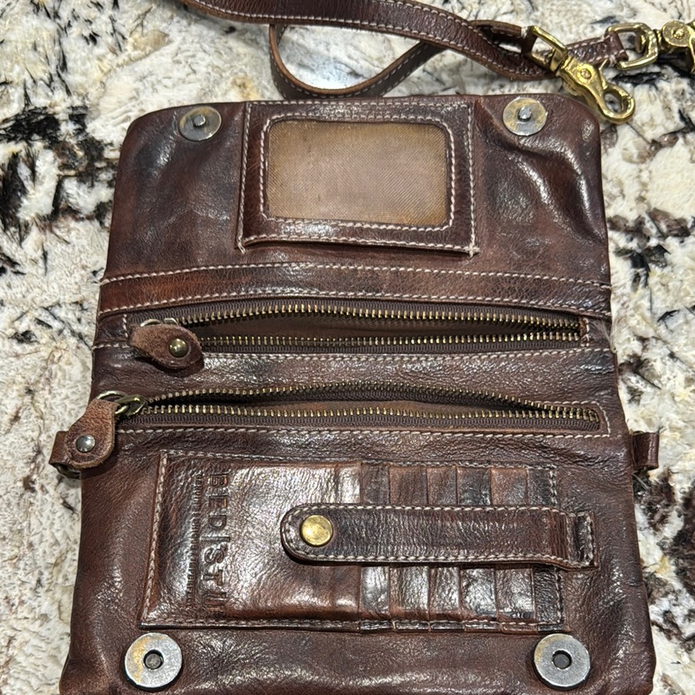 Bed Stu Brown Leather Wallet with Textured Design and Brass Hardware